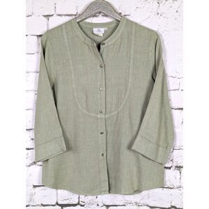 HOT COTTON 100% Linen Button-Front Shirt Earthy Natural 3/4 Sleeve USA Medium